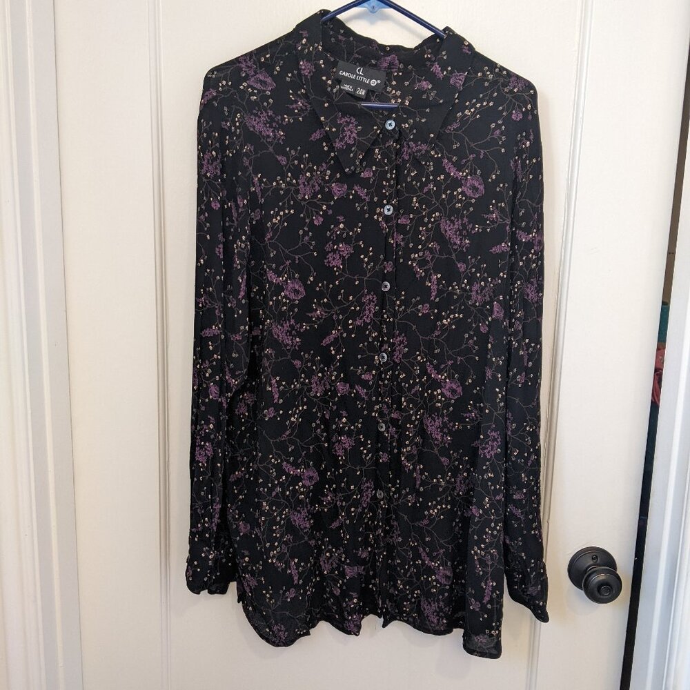 Vintage Carole Little II Black Floral Button Up LS Blouse 24W Romantic Career